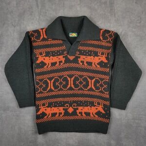 ALPS Sweater Mens Large Black Orange Shawl‎ Collar Nordic Reindeer Knit Pullover